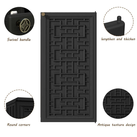Close-up of the Outdoor Storage Cabinet with shelf showing the black antique texture, swivel handle, and design details.