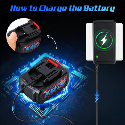 Charging a Heavy Duty Rechargeable Electric Hydraulic Cable Lug Crimper battery with visible charger and connection details.