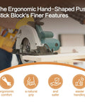 Ergonomic Hand Shape Table Saw Push Stick With Missing Finger Design infographic showing features for safer woodworking.