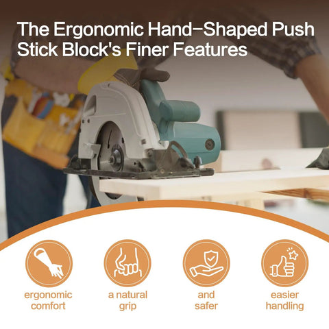 Ergonomic Hand Shape Table Saw Push Stick With Missing Finger Design infographic showing features for safer woodworking.