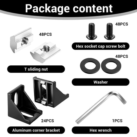 24 Set Black 4040 Aluminum Extrusion Profile Connector Kit With Heavy Duty Corner Brackets, T-slot nuts, screws, hex wrench, washers