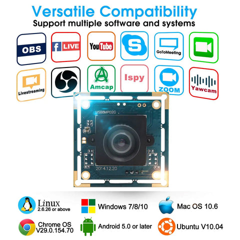 Ultra HD 8MP USB Camera Module With 3264x2448 Fixed Focus Lens, compatible with Windows, Mac, Linux.