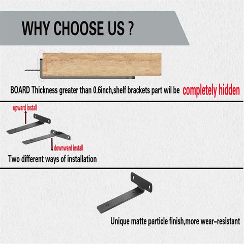 Image showing 4 Pack Heavy Duty Floating Shelf Brackets Four Inch Black Metal L Brackets For Wall Mounting with installation options.