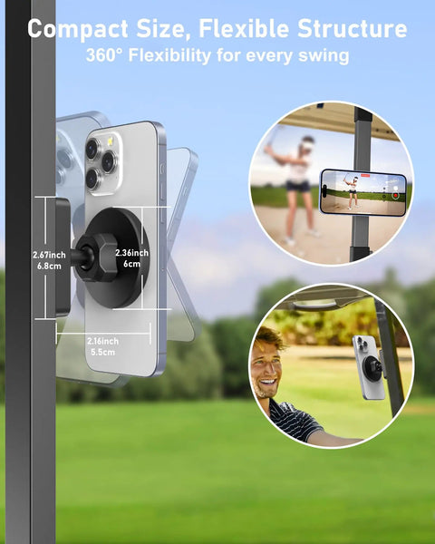 Dual Magnets Golf Cart Phone Holder With MagSafe Compatibility Cradle Free Phone Mount on golf cart post in use