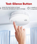 Hand testing 10 Year Battery Operated Photoelectric Sensor Smoke Alarm With Test Silence Button And LED Indicator Lights For Home Use, UL Listed Fire Alarm Detector Pack Of Six