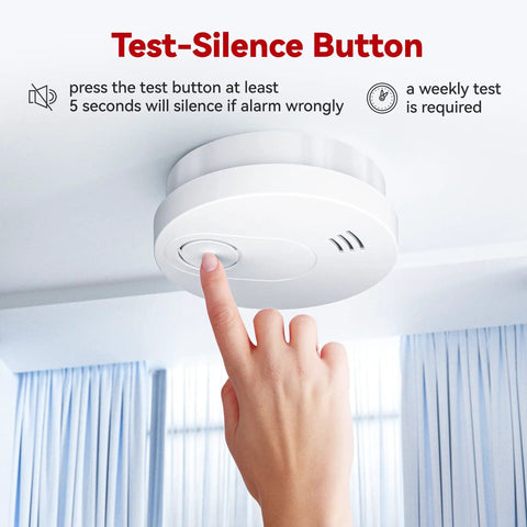 Hand testing 10 Year Battery Operated Photoelectric Sensor Smoke Alarm With Test Silence Button And LED Indicator Lights For Home Use, UL Listed Fire Alarm Detector Pack Of Six