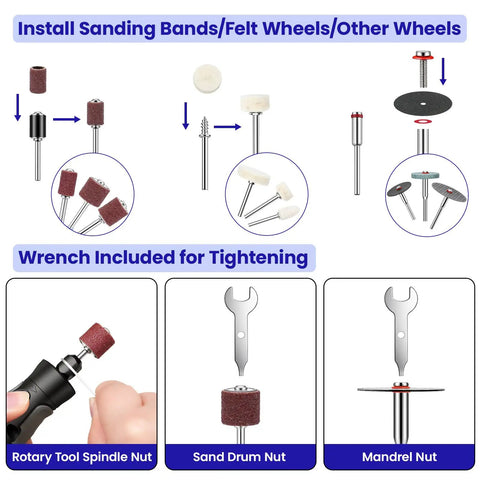 Diagram showing accessories for 652 Piece Rotary Tool Accessory Kit For Dremel And Compatible Brands with wrench and spindle