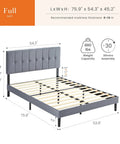 Full Size Platform Bed Frame With Adjustable Headboard Heavy Duty Wooden Slatted Support Fits 6 To 14 Inch Mattresses, dimensions displayed.