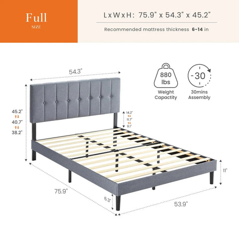 Full Size Platform Bed Frame With Adjustable Headboard Heavy Duty Wooden Slatted Support Fits 6 To 14 Inch Mattresses, dimensions displayed.
