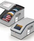 Stackable Hat Organizer 2 Pack Baseball Cap Storage Rack Structured Closet Shelf Protector Set with caps inside.