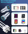 Two Pack Dual Port USB C Fast Car Charger With Nylon Braided USB C To USB C Cables showing compatibility with devices.