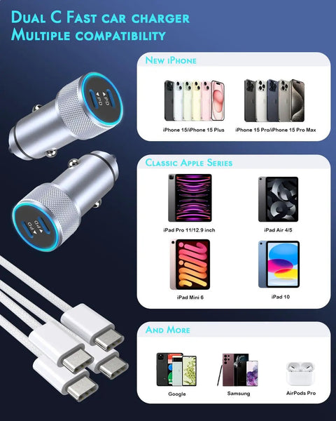 Two Pack Dual Port USB C Fast Car Charger With Nylon Braided USB C To USB C Cables showing compatibility with devices.