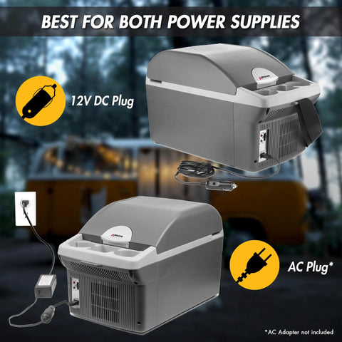 Compact 6 Quart Thermoelectric Cooler And Warmer For Car Rv And Truck shown with 12V DC and AC plugs for versatile power options.