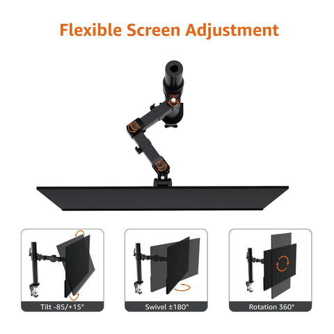 Single Computer Monitor Stand With Cable Management And Height Adjustable VESA Desk Arm Mount For 13 To 30 Inch Screens