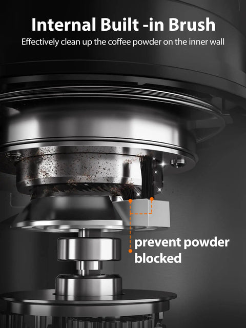 Detail of internal built-in brush in Conical Coffee Grinder For Home Use With 48 Grind Settings And Large Three Point Nine Ounce Capacity Stainless Steel Burr Mill 40 Second Adjustable Timer Anti Static Easy Clean With Brush From Espresso To French Press