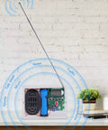 DIY FM Radio Kit 76 108 MHz With LCD Display Digital Radio Module on table showing sound waves and internal components