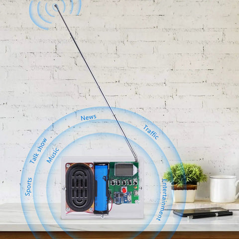 DIY FM Radio Kit 76 108 MHz With LCD Display Digital Radio Module on table showing sound waves and internal components