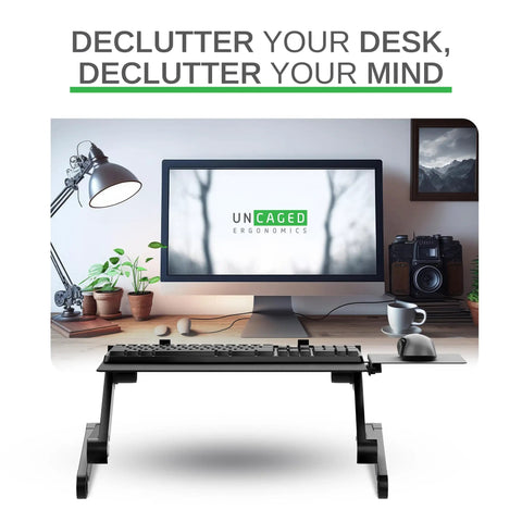 WorkEZ Adjustable Keyboard Stand For Desk Ergonomic Keyboard And Mouse Riser in modern workspace with green plants and decor