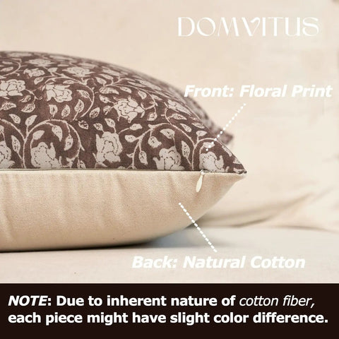 Floral Pillow Cover 18x18 Inch, Dope Throw Pillow Case For Couch, Block Print Neutral Accent Cover For Living Room Vibe, Cover Only, 1 Pack, Brown, Front Floral Back Plain Cotton, Home Decor. Brown floral pillow cover with plain cotton back and zipper