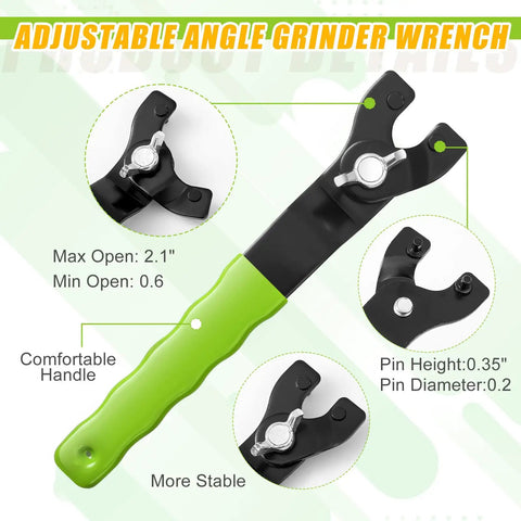 Adjustable angle grinder wrench with ergonomic green handle, max opening 2.1 inches, designed for Beefy Angle Grinder Nut And Wrench Replacement Kit.