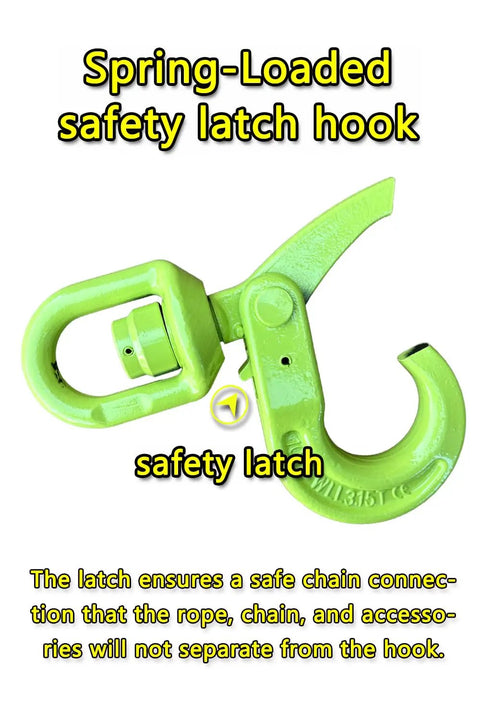 Built Tough Heavy Duty Swivel Lifting Hook With 6945 Lbs Capacity For Hoists And Cargo Lifts 360 Degree Swivel Eye Self Locking Design To Prevent Chain Twist And Keep Your Gear Secure. Green spring-loaded safety latch hook, alloy steel