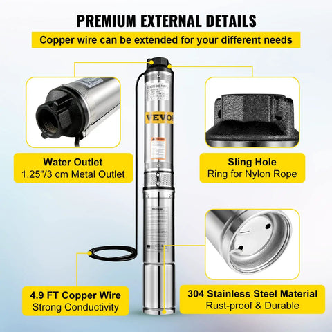 Diagram showing Half HP Submersible Well Pump With 164 Ft Head And 25.5 GPM Flow, Stainless Steel Deep Well Pump features