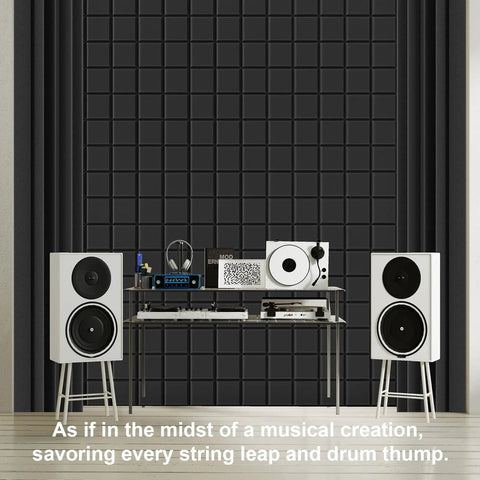 High Density Acoustic Foam Corner Bass Traps For Music Studios Podcast Recording Home Cinema Audio Treatment on a wall.