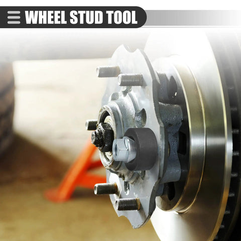 Universal Wheel Stud Installer Tool For Cars And Light Trucks, Pro Grade Heavy Duty Lug Nut Tool in use on a car hub