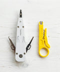 Pro Grade Impact Punch Down Tool And Integrated Wire Stripper RJ45 Crimping Kit For Cat6 Cat5e Ethernet Cables on white background.