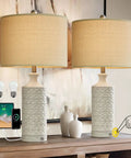 24 Inch Rustic Modern Ceramic Table Lamp Set Of 2 For Living Room And Bedroom White And Grey Finish Farmhouse Nightstand End Table Decor Lamps Cozy Desk Lighting For Bedside Workspace And Kids Room
