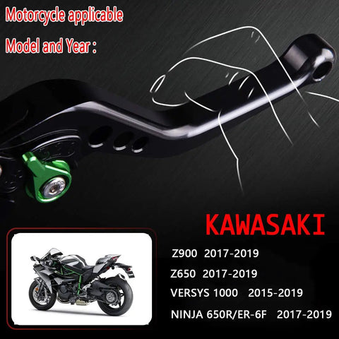 Close-up of Adjustable Short Brake And Clutch Levers For Kawasaki Z900 Ninja 650 Z650 Ergonomic Anodized 6061 Aluminum motorcycle parts.