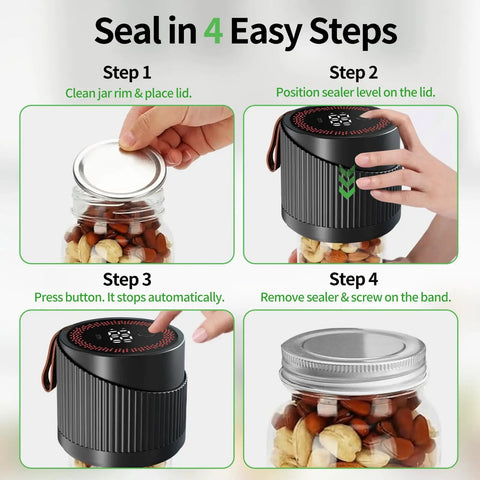 Auriswell Electric Mason Jar Vacuum Sealer Kit For Wide And Regular Mouth Jars With Powerful Suction, demonstrating sealing process in 4 steps.