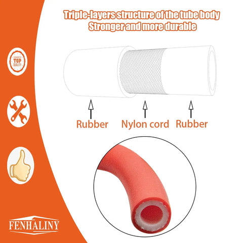 Diagram showing triple-layer structure of rubber, nylon cord in 10mm Oil Drain Hose Replacement for GX110 GX120 GX160 GX200 Engines No Mods Needed 14 Inch Heavy Duty Kink Resistant Steel Oil Change Tube 300 PSI Engine Oil Drain Pipe Red