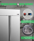 Pro Grade Commercial Reach In Freezer, Stainless Steel Upright Industrial Cooler For Restaurants And Bars with digital controls and auto-defrost feature.