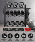 Three Tier Dumbbell Rack Stand For Home Gym With Adjustable Height And Space Saving Compact Design 1000 Lb Capacity Heavy Duty Weight Storage Durable Steel Rack with kettlebells and dumbbells displayed.