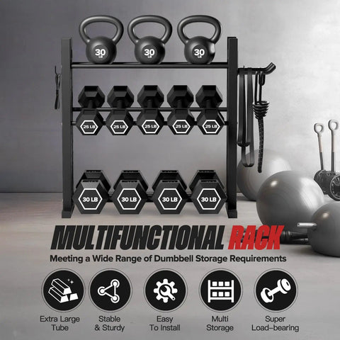Three Tier Dumbbell Rack Stand For Home Gym With Adjustable Height And Space Saving Compact Design 1000 Lb Capacity Heavy Duty Weight Storage Durable Steel Rack with kettlebells and dumbbells displayed.