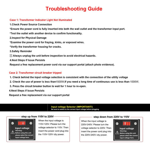 Troubleshooting guide for 1500W Voltage Converter Transformer 110V To 220V And 220V To 110V Step Up Down Power Adapter