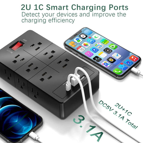 Heavy Duty Power Strip With USB C And Two USB A Ports, 12 AC Outlets, 6 Ft Long Extension Cord, connected devices charging