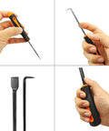 Close-up of DAYSLIVES precision pick with orange/black handle and slim metal shaft
Side view of curved hook precision pick with orange/black handle
Two tools shown: flat blade scraper and L-shaped hook
Hand gripping orange/black handle with long metal shaft from the set