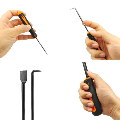Close-up of DAYSLIVES precision pick with orange/black handle and slim metal shaft
Side view of curved hook precision pick with orange/black handle
Two tools shown: flat blade scraper and L-shaped hook
Hand gripping orange/black handle with long metal shaft from the set