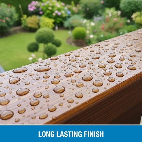 Wood Sealer Spray For Outdoor Wood Protection, 16 Oz Hydrophobic Water Repellent Finish For Decks, Fences, And Floors, No Gloss, Long Lasting, Eco Friendly, Safe For Pets And Plants, Made In USA shown with water beads on wooden deck