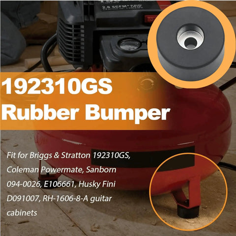Close-up of air compressor with 4 Pack Rubber Feet For Air Compressors Anti Vibration Isolator Mounts Replacement Durable Heavy Duty Pads.