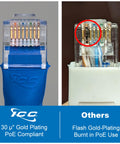 Comparison of Cat6 Ethernet Patch Cord Ten Foot Five Pack Snagless UTP 24 AWG Patch Cable with gold-plated connectors vs. burned connectors