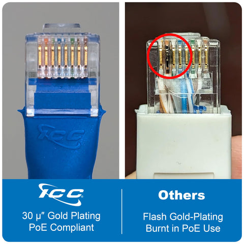 Comparison of Cat6 Ethernet Patch Cord Ten Foot Five Pack Snagless UTP 24 AWG Patch Cable with gold-plated connectors vs. burned connectors