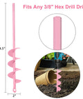 Pair Of Fourteen And A Half Inch Garden Auger Drill Bits For Planting Spiral Bulb Planter With Three Eighths Inch Hex Drive Post Hole Digger For Bedding And Rapid Digging Pink Finish shown with dimensions and hex drive detail