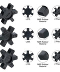 Front view of six black NBR rubber L-jaw coupling inserts for L075/L095/L100 sizes (2 per size).