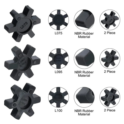 Front view of six black NBR rubber L-jaw coupling inserts for L075/L095/L100 sizes (2 per size).