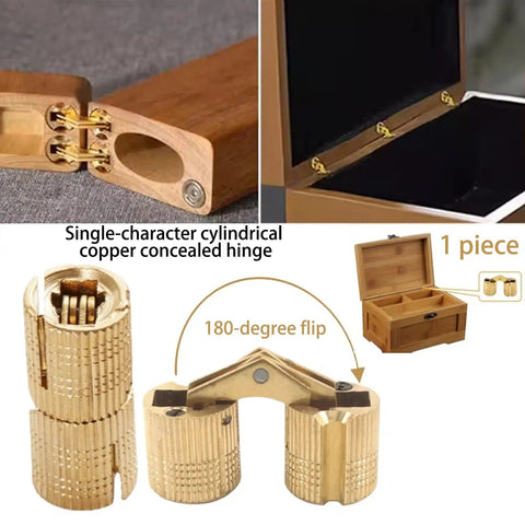 Brass Cylindrical Concealed Cabinet Hinges Set For Smooth Quiet Close shown with 180-degree flip feature and wood installation