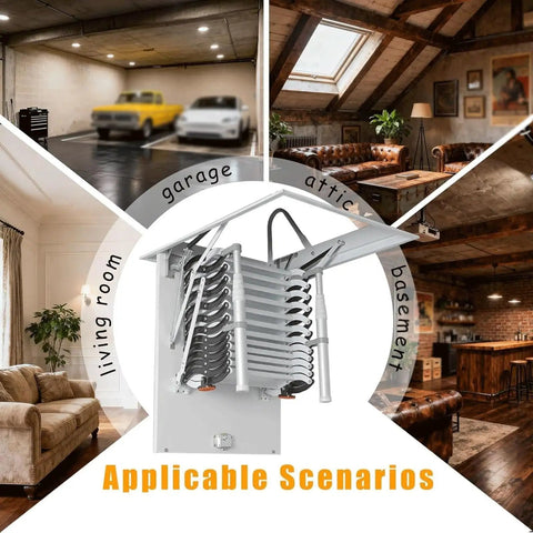 Heavy Duty Electric Pull Down Attic Ladder Featuring Rock Solid Handrails And Smooth Telescopic Ceiling Mount For A Dead Easy Loft Upgrade That Is A Total Game Changer in various settings.
