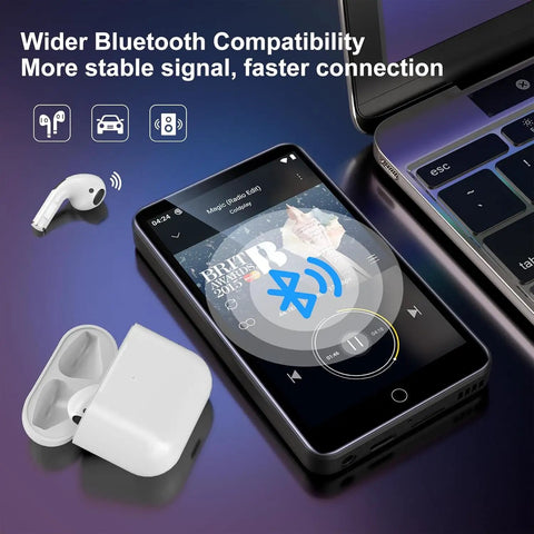 144GB MP3 Player With Bluetooth 5.0 And Dual Band WiFi Spotify Music Player on table with earbuds and laptop